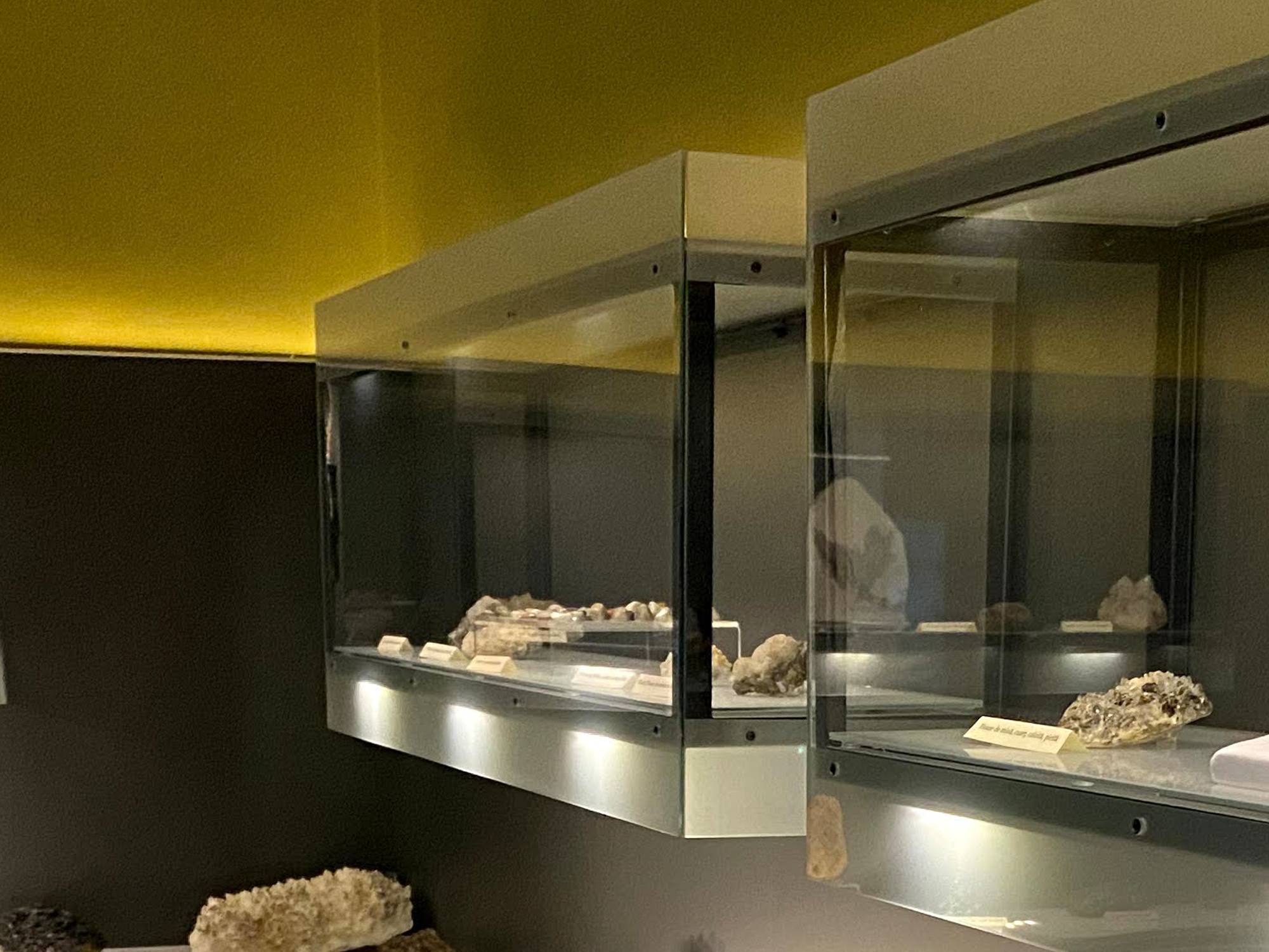 Vitrină suspendată din metal și sticlă cu exponate iluminate